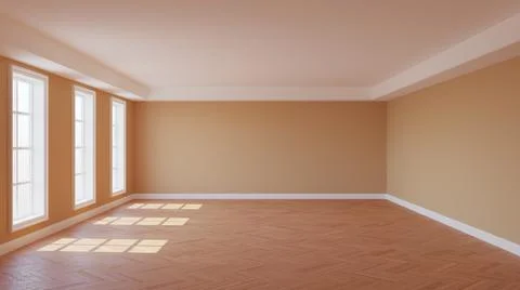 Empty Sunny Interior with Beige Walls, Three Large Windows Stock Illustration