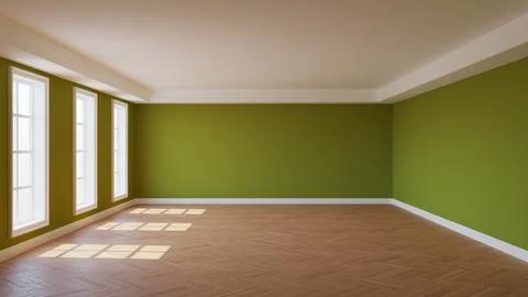 Empty Sunny Interior with Khaki Plastered Walls, Three Large Windows Stock Illustration