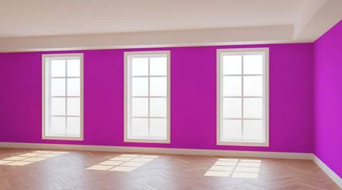 Empty Sunny Interior with Pink Walls, Three Large Windows, Light Glossy Parquet Stock Illustration