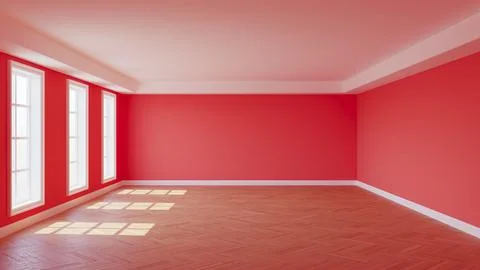 Empty Sunny Interior with Red Walls, Three Large Windows, White Ceiling Cornice Stock Illustration