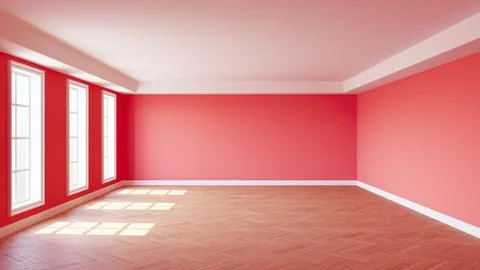 Empty Sunny Interior with Red Walls, Three Large Windows, White Ceiling Cornice Stock Illustration