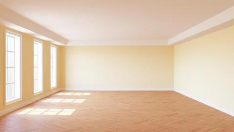 Empty Sunny Interior Room with Beige Walls, Three Large Windows, White Cornic Stock Illustration