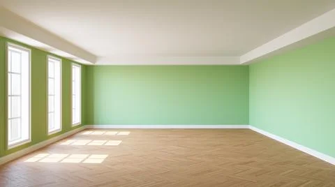 Empty Sunny Interior Room with Green Walls, Three Large Windows, White Cornice Stock Illustration