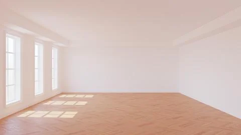 Empty Sunny Interior with White Plastered Walls, Three Large Windows Stock Illustration