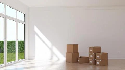 Empty sunny room with card boxes Illustrazione stock