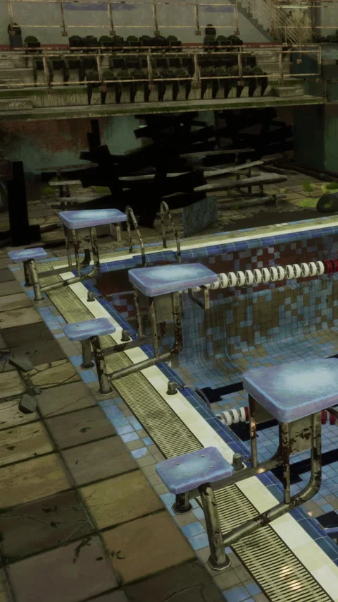 Empty swimming pool area with benches and starting blocks in abandoned facility 動画素材 339403803
