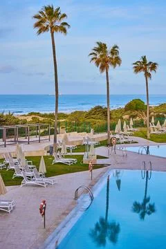 Empty swimming pool on an early clear morning in a hotel by the sea Stock Photos