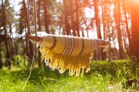 Empty Swing on ropes at Sunset forest Stock Photos