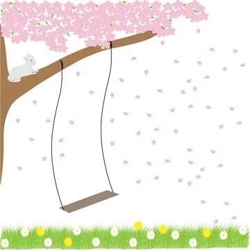 An empty swinging swing on a branch of a pink sakura tree. A grey cat is si.. Stock Illustration