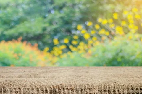 Empty table and sack tablecloth over blur tree with bokeh background Stock Photos