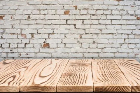 Empty table and white brick wall background, product display template Stock Photos