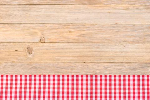 Empty table background with red tablecloth, top view, serving space Stock Photos