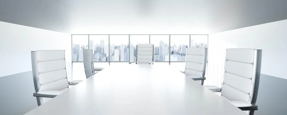 Empty table in bright loft office with chairs and city sky busniess district Stock-Fotos