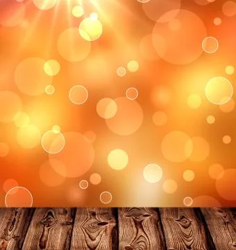 Empty table brown wooden surface on orange bokeh background. Stock Illustration