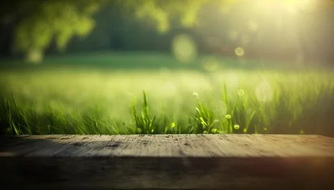 Empty table for display montages. Beautiful spring natural background with green Illustrazione stock