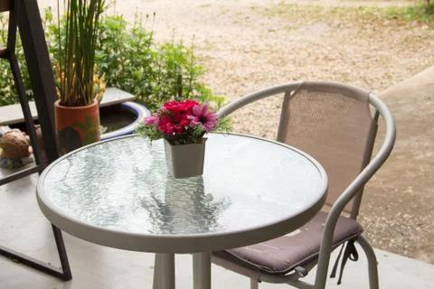 Empty table in front of blur coffee shop. Stock Photos