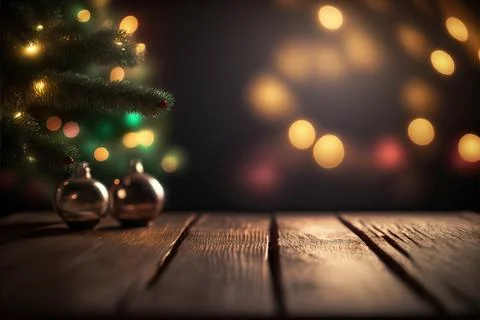 Empty table in front of Christmas tree with decorations background for produc Stock Illustration