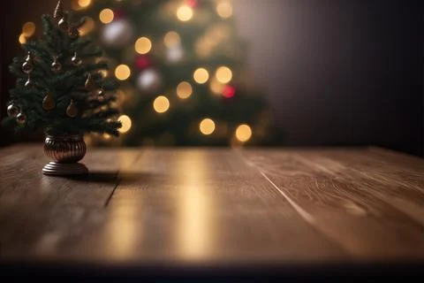 Empty table in front of Christmas tree with decorations background for produc Stock Illustration