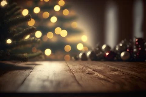 Empty table in front of Christmas tree with decorations background for produc イラスト素材