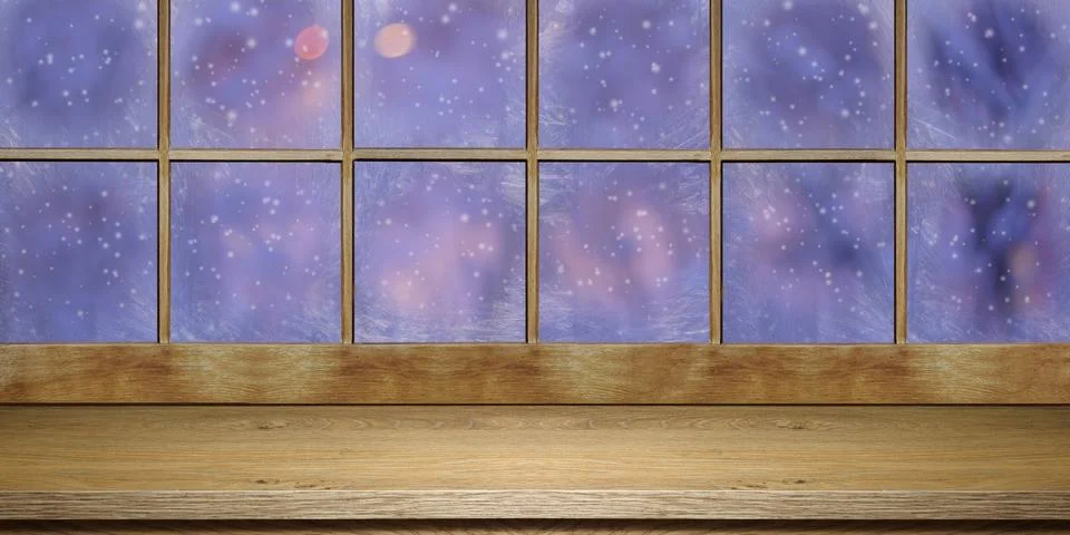 Empty table in front of a wooden panoramic window and winter twilight Stock Photos