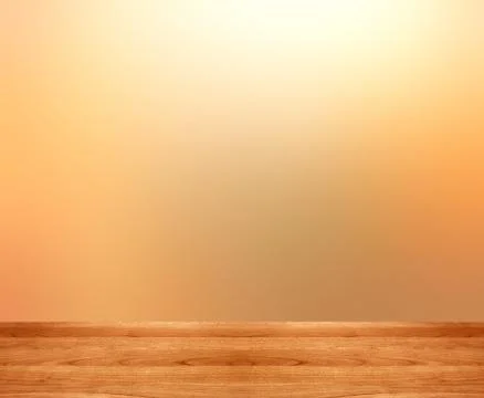 Empty table on golden blurred background 3d. Smooth wooden texture. Stock Illustration