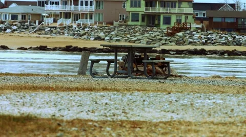 Empty Table - Lonely Beach During The Winter Stock Footage 45373381