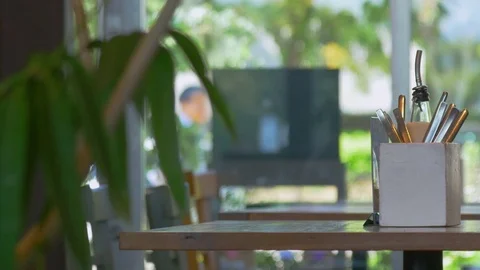 Empty table in modern cozy cafe Stock Footage 76140768