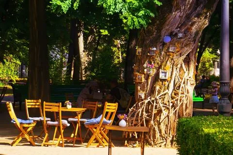 Empty table in outdoor cafe or restaurant Stock Photos