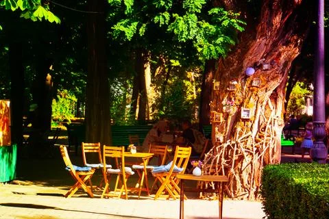 Empty table in outdoor cafe or restaurant Stock Photos