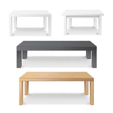 Empty Table Set Vector. Wooden, Plastic, White, Black. Isolated Furniture Illustrazione stock