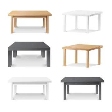 Empty Table Set . Wooden, Plastic, White, Black. Isolated Furniture, Platform Illustrazione stock