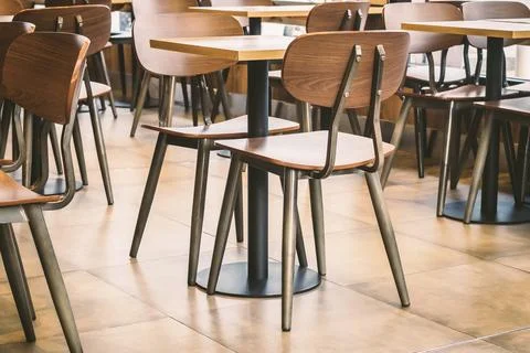 EMPTY TABLE TOP IN CAFE OR RESTAURANT, BACKDROP FOR FOOD AND DRINKS.WORKING.. Stock Photos