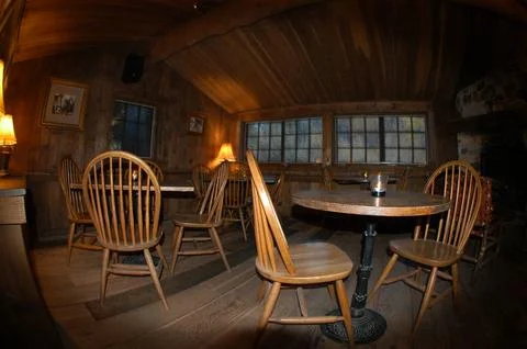 Empty tables and chairs in back room of the Owl Bar, Sundance, Utah Stock Photos