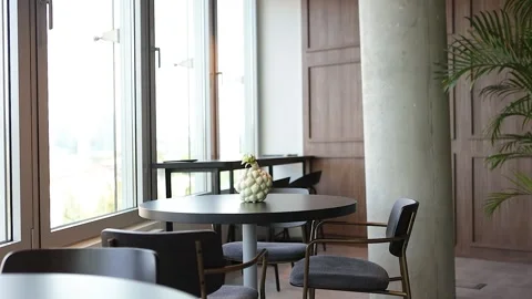 Empty tables and chairs in office kitchen cafeteria Stock Footage 334936100