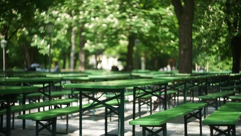 Empty tables and a dog  at a munich  beer garden Stock Footage 89349818