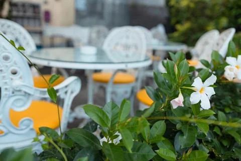 Empty tables and white wrought iron chairs with orange cushions at a charming st Stock Photos
