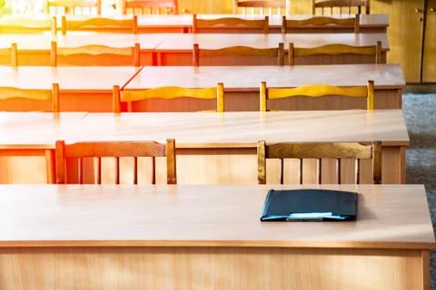 Empty tables in the classroom Stock Photos