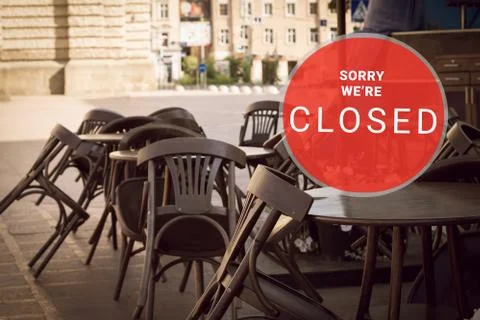 Empty tables of the closed cafe due the coronavirus Stock Photos
