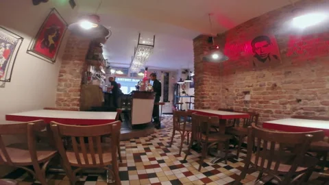 Empty Tables Inside Authentic Beer Bar Seating Area in Paris Stock Footage 344954154