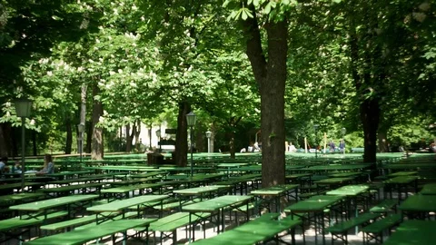 Empty tables at a munich beer garden Stock Footage 89349776