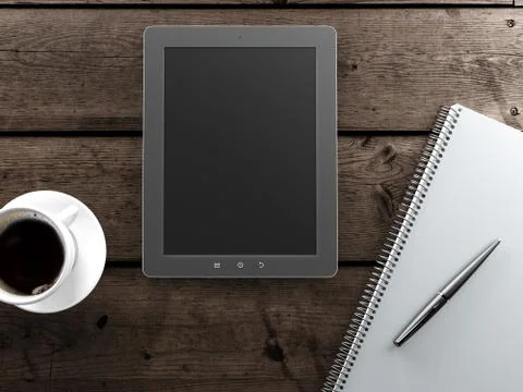 Empty tablet and a cup of coffee on the desk Иллюстрация