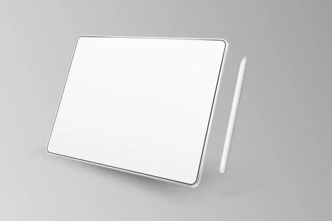 Empty tablet and pen on a light background. Device in perspective view. Tab.. Stock Illustration