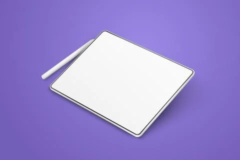 Empty tablet and pen on a violet background, rotated position. Device in pers Stock Illustration