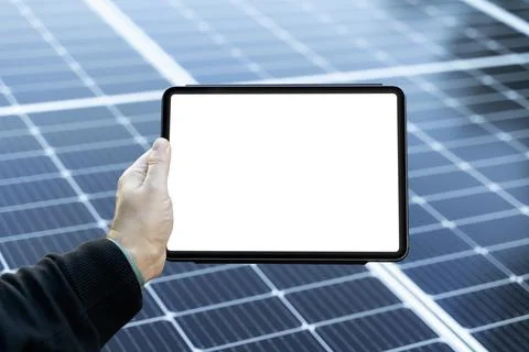 Empty tablet with copy space with some solar panels on the background Stock Photos