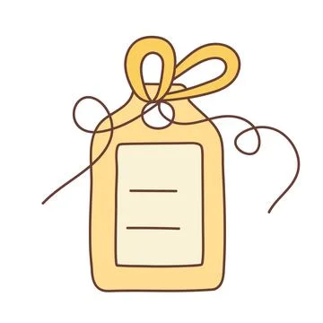 Empty tag with a bow in doodle style. Label icon. Hand drawn doodle illustr.. Stock Illustration