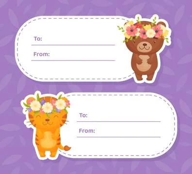 Empty Tag Card with Cartoon Animal with Floral Wreath on Head Vector Template Stock Illustration