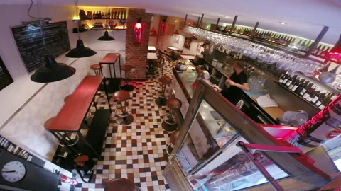 Empty Taproom Interior Overview High Angle View with Bartender Preparing Counter 库存影片 347215914