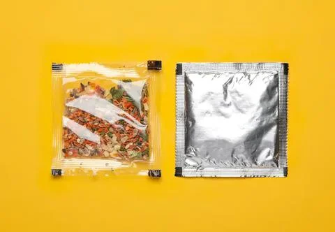 Empty tea or coffee bag with colorful tea leaves on yellow background Stock Photos