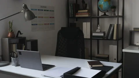 Empty Teachers Desk with Laptop, Notebook, Documents and Lamp Stock Footage 339658076