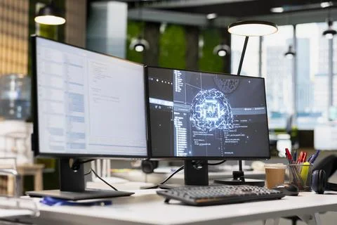 Empty tech industry startup workspace leveraging machine learning technology 스톡 사진